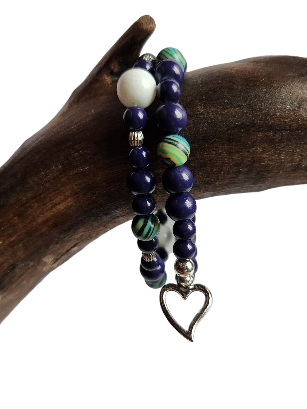 Handmade Lapis Lazuli & Blue Malachite Bracelet with Silver Heart Charm